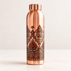 Pure Copper Madhubani Bottle 940ml | Handcrafted Indian Copper Water Bottle | Kalakriti Art Design | Lacquer Coated Copper Bottle