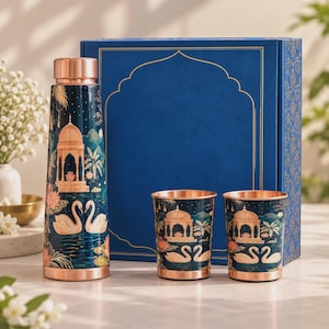 Pure Copper Bottle & Glass Set | 750ML Copper Water Bottle with 2 Glasses | Printed Copper Drinkware Set | Luxury Gift Set | Wedding Gift