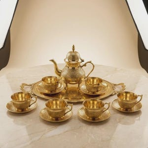 Vintage Brass Tea Kettle Set with Tray & Cups | 14 Piece Etched Brass Tea Set | Royal Indian Tea Serving Set | Luxury Gift