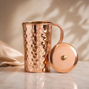 1000ML Pure Copper Diamond Hammered Jug with Brass Lid Knob | Handmade Copper Water Pitcher | Ayurvedic Copper Water Jug