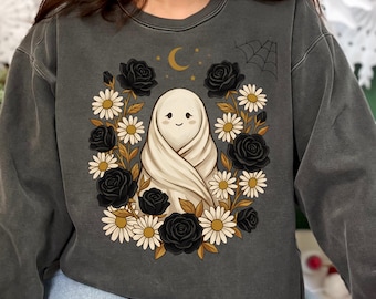 Floral Ghost PNG SVG With Matching Sleeve Design Halloween Floral Fall Ghost Shirt Design Boho Floral Halloween Halloween Sublimation Design