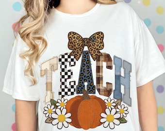 Teach Pumpkin Fall PNG SVG, Leopard Checkered Fall Png, Fall Pumpkin Png, Howdy PNG, Autumn Shirt Design, Fall Back to school Teacher Png