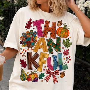 PNG « Thankful », motif de dinde patchwork pour Thanksgiving par sublimation, lettres rétro d'automne, citrouille et gland (clipart), téléchargement numérique