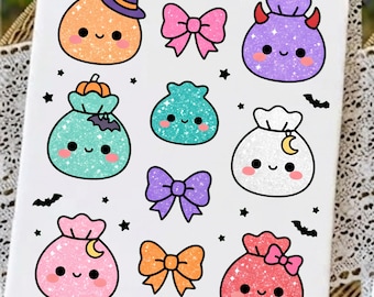 Glitter Halloween Dumpling PNG SVG Bundle, Cute Kawaii Halloween Dumpling Clip Art, Sparkly Spooky Food Characters, Digital Download