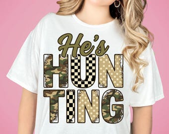 Hunting Wife Coquette Western PNG, Retro He's Hunting Camo SVG, Vintage Deer Duck Hunting Design, Cowboy Camouflage Checkered Leopard Dots