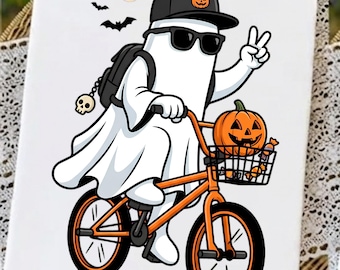 Halloween Kid PNG SVG, Bicycle Spooky PNG, Boy Fall Shirt Design, Boy Halloween Sweatshirt, Kids Ghost , Trending now, Digital Download