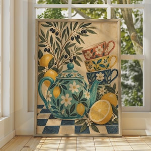 May include: A framed wall art print featuring a teal teapot decorated with white flowers and yellow lemons, stacked tea cups with floral patterns, an olive branch with black olives, and sliced lemons on a blue and white chequered surface.