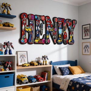 May include: A wall-mounted sign spelling the name HENRY in large, bold letters. Each letter features a colorful, detailed graphic print of various robot characters and vehicles in shades of red, blue, yellow, and black with thick black outlines.