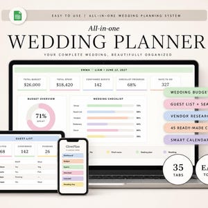 Può includere: Un sistema digitale per l'organizzazione di matrimoni visualizzato su laptop, tablet e smartphone. Lo schermo mostra una dashboard con budget, lista degli invitati e stato delle liste. Il testo include "All-in-one WEDDING PLANNER".