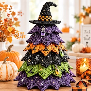 Halloween Witch Hat Quilted Tree Kit, Potion Bottle Fabric Sewing Craft, Spooky Patchwork Tabletop Decor, DIY Fall Sewing Gifts for Crafters
