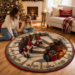 May include: A round area rug featuring a 3D optical illusion of a stone staircase descending into a dark space. The border is decorated with a quilted pattern of green holly leaves and red berries. Three small gnomes stand on the steps.