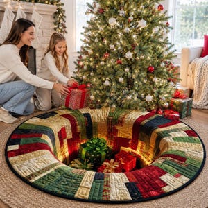 May include: A round, quilted Christmas tree skirt featuring a patchwork design in shades of red, green, and gold. The fabric has an optical illusion pattern that creates a deep, tunnel-like effect, with wrapped gifts placed in the center.