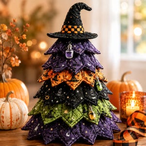 Quilted Halloween Witch Hat Tree DIY Kit, Fabric Tree Sewing Craft, Spooky Patchwork Tabletop Decor, Adult Fall Craft Kit for Crafters