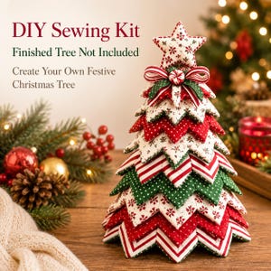 May include: A DIY sewing kit for a fabric Christmas tree. The text reads: DIY Sewing Kit, Finished Tree Not Included, Create Your Own Festive Christmas Tree. The tree features layered, quilted fabric segments in red, green, and white patterns with a star topper.