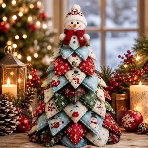 Snowman Topper Quilted Christmas Tree Kit, Red Mint Fabric Craft, Diamond Patchwork Sewing Project, Festive Tabletop DIY Decor for Crafters