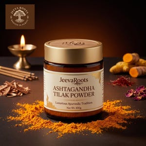 May include: A brown glass jar of JeevaRoots Ashtagandha Tilak Powder with a gold lid and a white label. The label features the text JeevaRoots, ASHTAGANDHA TILAK POWDER, Luxurious Ayurvedic Tradition, and Net Wt. 100g. Yellow powder surrounds the jar.