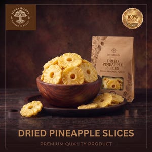 May include: A wooden bowl filled with yellow dried pineapple slices next to a brown paper pouch labelled JeevaRoots Dried Pineapple Slices Premium Herbal Remedy. The packaging features a 100% Natural seal and the JeevaRoots logo with a tree icon.