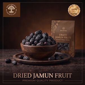 May include: A wooden bowl and matching plate filled with dark, wrinkled dried jamun fruit. Beside the bowl sits a brown pouch labeled Jeeva Roots Dried Jamun Fruit Premium Herbal Remedy. The text 100% Natural appears in a gold circular emblem.