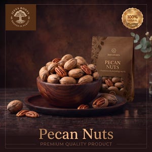 Può includere: Una ciotola in legno scuro riempita con noci pecan intere e sgusciate, posizionata su un vassoio in legno abbinato. Accanto alla ciotola c'è un sacchetto di carta marrone etichettato Jeeva Roots Pecan Nuts, Crunchy, Flavorful Nuts. È visibile un sigillo dorato 100% Natural.