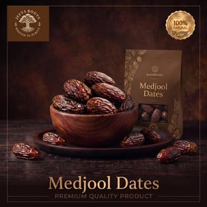 May include: A wooden bowl filled with dark brown Medjool dates sits on a matching wooden plate, with several dates scattered around. A brown product pouch labelled JeevaRoots Medjool Dates is visible, featuring a 100% natural gold seal.