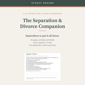 Può includere: Un organizzatore digitale per la separazione e il divorzio intitolato The Separation & Divorce Companion di Steady Ground. Include 43 pagine stampabili e compilabili, un organizzatore Excel con 15 schede e cinque file digitali.