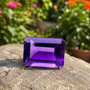 Può includere: Una gemma di ametista rettangolare sfaccettata con una tonalità viola intenso. La pietra presenta una qualità chiara e trasparente con bordi geometrici netti e una superficie lucida che riflette la luce, mettendo in risalto il suo vibrante colore viola e la sua limpidezza.