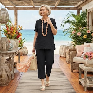 Completo due pezzi in misto lino / Tunica boho e pantaloni a gamba larga