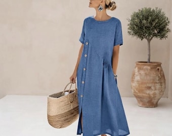 Women's 100% Cotton Dress, Casual Midi Dress, Relaxed Fit Summer Outfit
