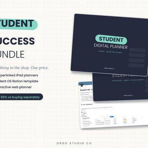 Könnte beinhalten: Ein digitales Studentenerfolgspaket mit einem dunkel gestalteten digitalen Studentenplaner mit türkisfarbenem Header, einer zweiten dunklen Planeroberfläche und einem weißen Notion-Vorlagen-Dashboard mit Datenbanken für Aufgaben von Ordo Studio Co.