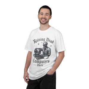 Raising Dead Computers graphic T-Shirt | Skeleton Retro PC Tech Tee