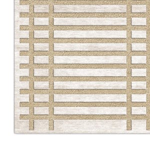 May include: A rectangular area rug featuring a grid pattern of raised, textured beige lines set against a flat, light cream-coloured background. The design consists of two vertical bands intersected by twelve horizontal bands, creating a structured look.