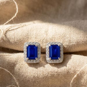 Aretes de zafiro azul corte esmeralda | Halo en plata 925 | Piedra natal de septiembre | Joyería regalo para mujer elegante