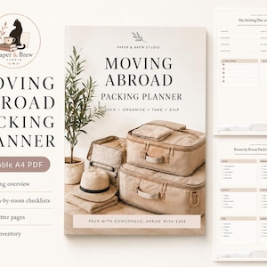 May include: A printable A4 PDF moving abroad packing planner from Paper & Brew Studio. The cover features beige luggage, a hat, and a potted plant. Two interior pages show a packing plan at a glance and a room-by-room packing checklist.