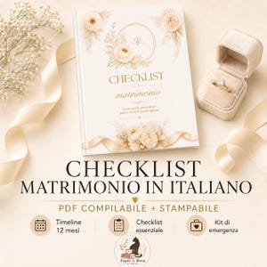 May include: A white wedding checklist book with gold floral illustrations and the text CHECKLIST matrimonio, accompanied by a gold ring in a velvet box, a cream ribbon, and baby's breath flowers. The image includes text about a PDF guide.
