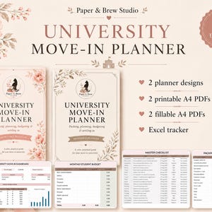 Op de afbeelding: Een digitale set voor een universiteitsverhuisplanner met twee ontwerpen, twee printbare A4-PDF's, twee invulbare A4-PDF's en een Excel-tracker. De documenten bevatten een dashboard, een maandelijks studentenbudget en een inventarislijst.