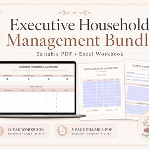 Peut inclure: Un ensemble de gestion domestique exécutive comprenant un PDF modifiable et un classeur Excel. L'affichage montre un ordinateur portable avec un tableau de bord domestique, ainsi que des pages imprimées pour les achats, cadeaux et voyages.