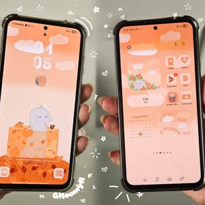 May include: Two smartphones displaying a custom orange-themed interface. The left screen shows a cartoon character in a drink, while the right screen features app icons, a calendar, and the text pumpkin spice everything nice in orange tones.