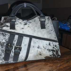 Women Cowhide Leather Handbag Hair-On Hide Tote Bag Buckle Design Crossbody