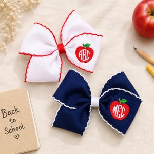 Personalized Back to School Hair Bow, Custom Apple Monogram Bow, Embroidered Initial Moonstitch Bow for Girls