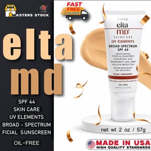 May include: A white tube of EltaMD UV Elements tinted facial sunscreen with SPF 44. The label specifies broad-spectrum protection, moisturizing physical sunscreen with hyaluronic acid, transparent zinc oxide, and a net weight of 2 ounces or 57 grams.