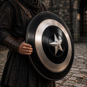Puede incluir: Un escudo circular con acabado metálico, anillos alternos en negro y plata, y una estrella prominente de cinco puntas en el centro. El escudo es sostenido por una persona que viste una túnica oscura texturizada con correa y brazalete de cuero.