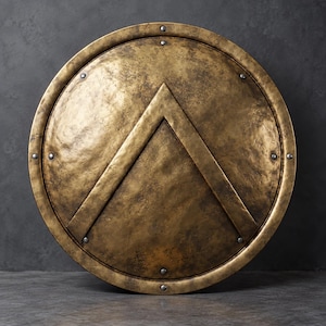 May include: A circular shield with a weathered bronze finish and a prominent raised lambda symbol in the center. The shield features a thick outer rim secured by evenly spaced metal rivets, creating a textured, aged appearance across the surface.