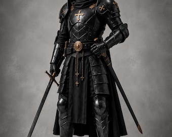 May include: A full suit of black plate armor featuring a hooded cloak, a helmet with a face mask, and bronze cross emblems on the chest and shoulders. The armor includes gauntlets, greaves, and a long sword held in the right hand with a scabbard.