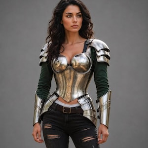 May include: A polished silver metal breastplate and shoulder pauldrons worn over a dark green long-sleeved shirt. The armor set includes matching silver forearm bracers, paired with black distressed denim jeans featuring a brown leather belt.