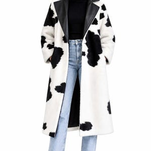 Women’s Cow Print Coat, Black White Longline Jacket, Oversized Animal Print Outerwear, Western Chic Winter Coat, Statement Streetwear