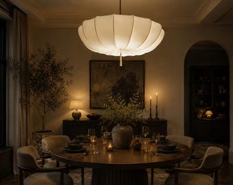 Large Pleated Fabric Pendant Light, Wabi Sabi Flower Chandelier, Cream Living Room Lamp