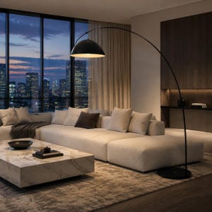 May include: A tall, black arched floor lamp with a large, dome-shaped shade. The lamp features a thin, curved metal arm extending from a circular base, with a white interior finish inside the dome to reflect light downward into the living space.
