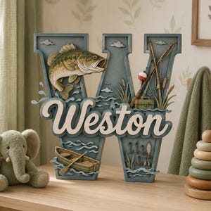 May include: A large, blue, layered wooden letter W featuring a fishing theme. The letter displays a bass fish, a small boat, a fishing rod, a tackle box, and hooks. The name Weston is written in white cursive script across the center of the letter.