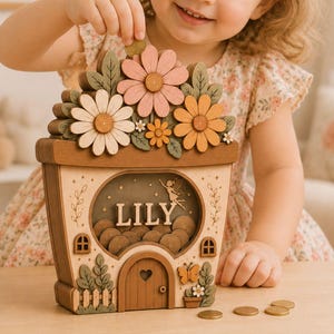 Può includere: Un salvadanaio in legno a forma di casa con un pannello frontale trasparente che mostra il nome LILY. La parte superiore presenta fiori in legno intagliato nei toni del rosa, crema e arancione con foglie verdi. La base include una piccola porta.