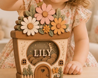 Personalized Wooden Piggy Bank for Girls, Fairy Garden Money Box with Name, Floral Nursery Decor, Birthday Gift for Daughter, Granddaughter